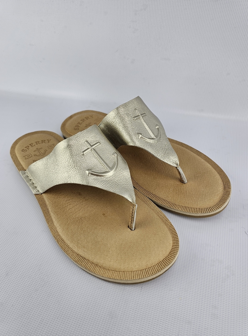 Sperry Top Sider Seaport Anchor Metallic Gold Leather Thong Sandals Women's 8